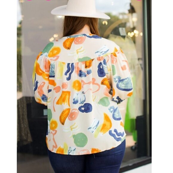 Entro Tan Floral Balloon Long Sleeve Button Front Relaxed Boho XL Blouse NWT - Picture 2 of 10